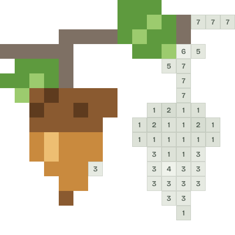 Two acorns, partly coloured, with numbered squares still to fill