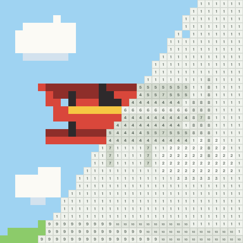 Little biplane, partly coloured, with numbered squares still to fill