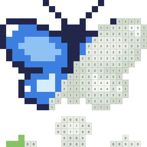 Blue butterfly, partly coloured, with numbered squares still to fill