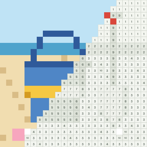 Bucket and spade, partly coloured, with numbered squares still to fill