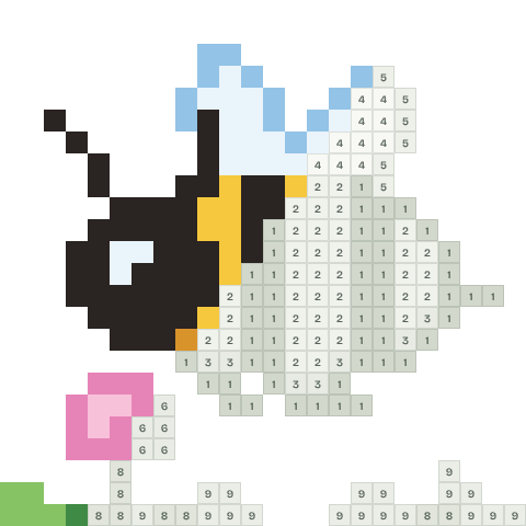 Bumblebee, partly coloured, with numbered squares still to fill