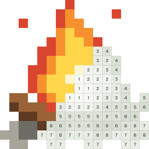 Campfire, partly coloured, with numbered squares still to fill