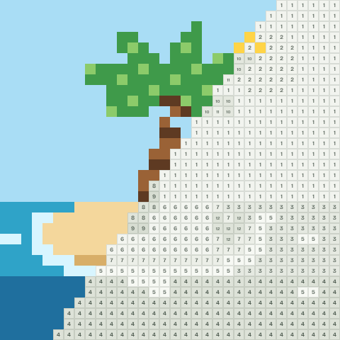 Desert island, partly coloured, with numbered squares still to fill