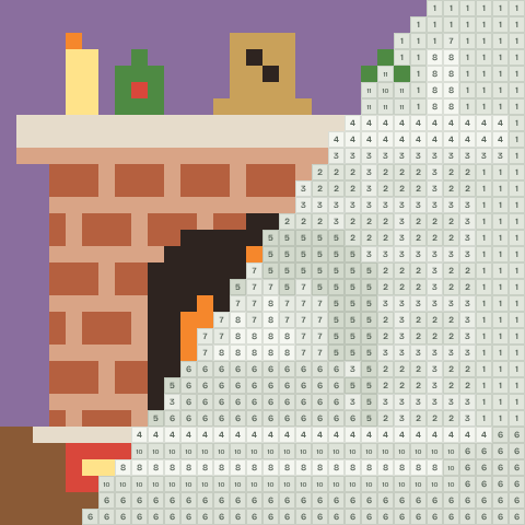 Fireside, partly coloured, with numbered squares still to fill