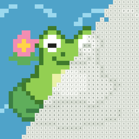 Frog on a lily pad, partly coloured, with numbered squares still to fill