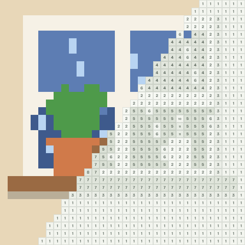 Rainy window, partly coloured, with numbered squares still to fill