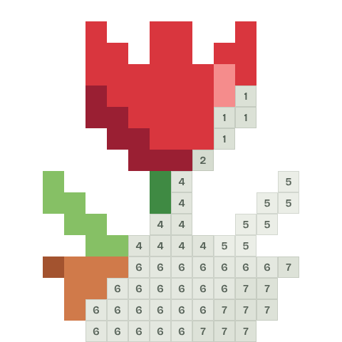 Red tulip, partly coloured, with numbered squares still to fill