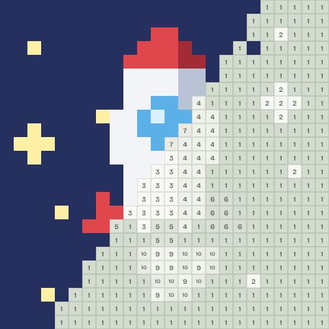 Little rocket, partly coloured, with numbered squares still to fill