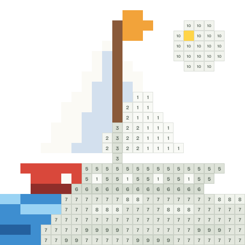 Little sailboat, partly coloured, with numbered squares still to fill