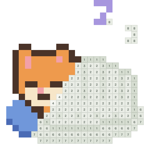 Sleepy cat, partly coloured, with numbered squares still to fill