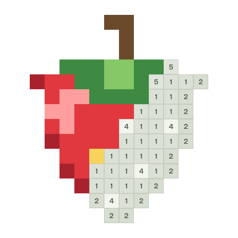 Strawberry, partly coloured, with numbered squares still to fill