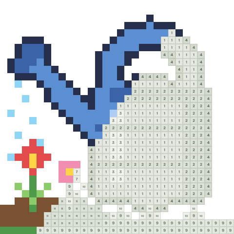 Watering can, partly coloured, with numbered squares still to fill
