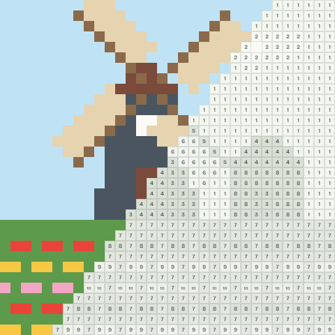 Windmill, partly coloured, with numbered squares still to fill
